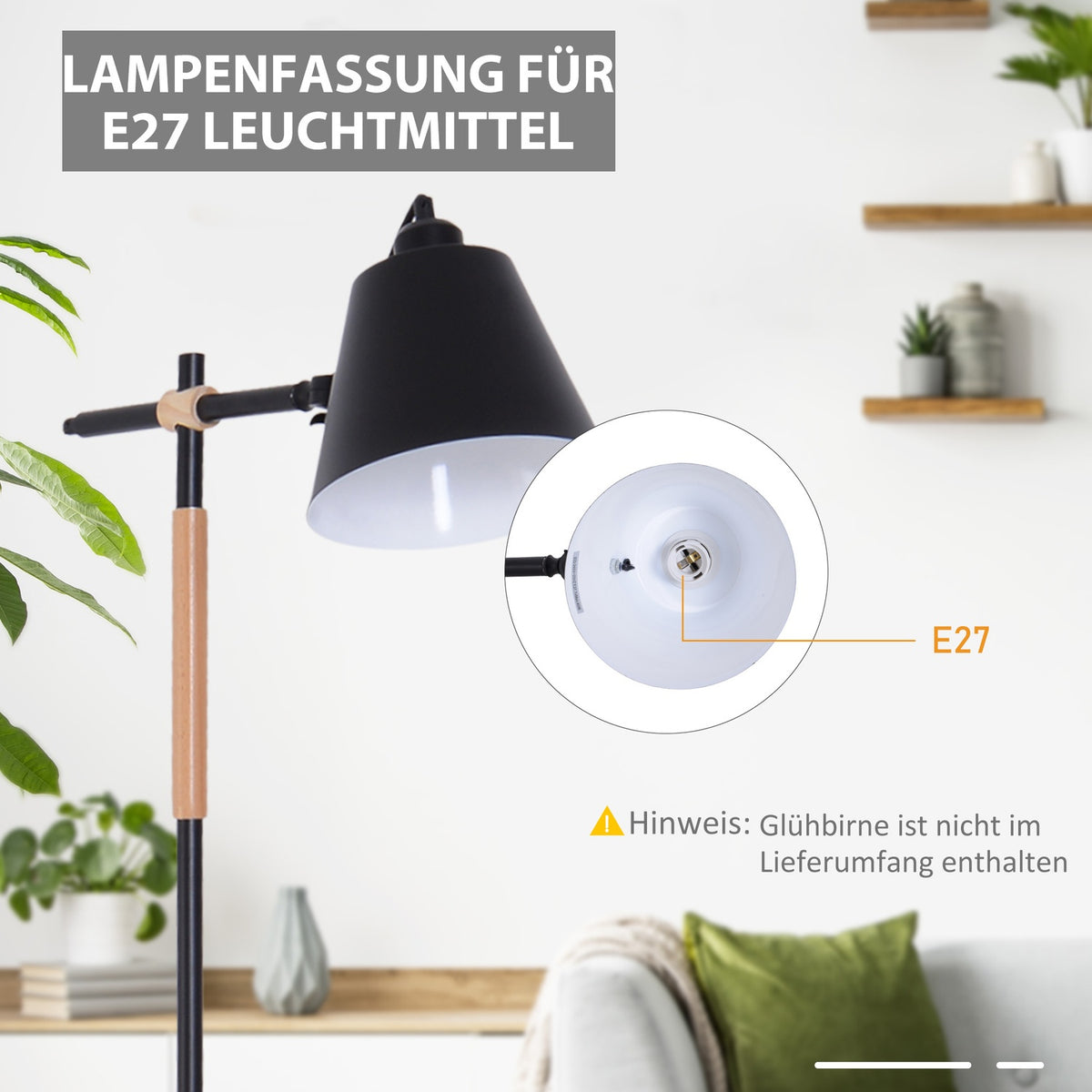 Floor Lamp Floor Lamp In Industrial Design, Wood & Metal, Black & Natural, 40W, 54X30X155Cm