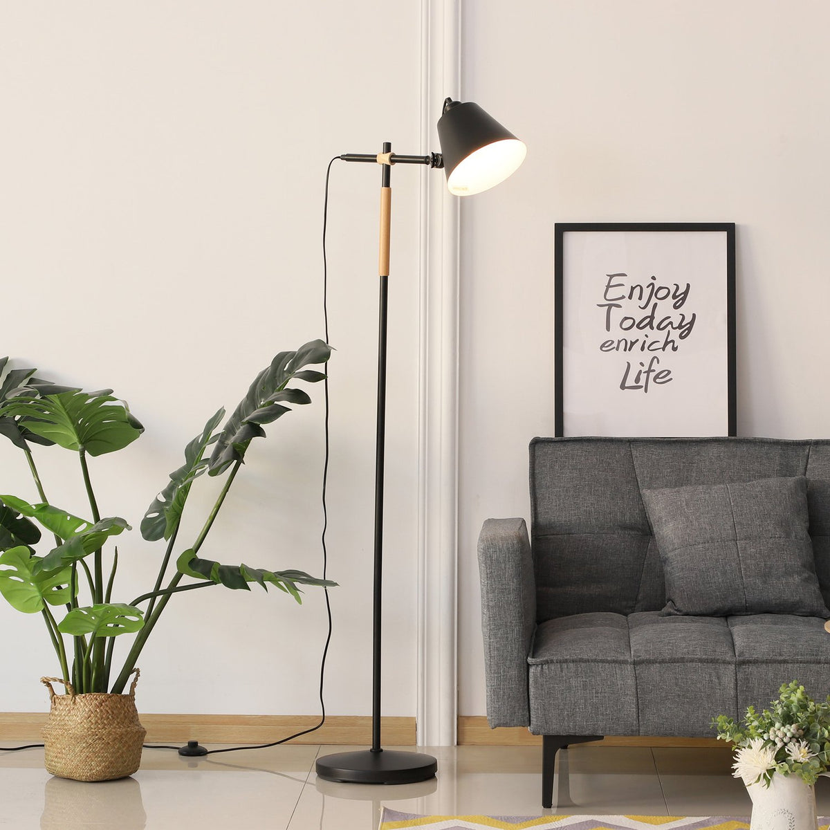 Floor Lamp Floor Lamp In Industrial Design, Wood & Metal, Black & Natural, 40W, 54X30X155Cm