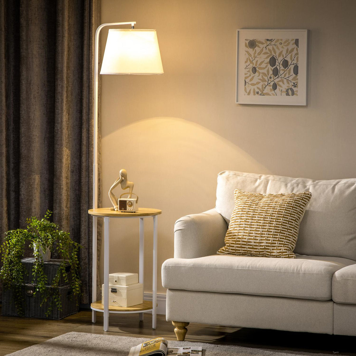 Floor Lamp, Floor Lamp With 2 Shelves, 40 W Floor Lamp With Linen Lampshade, Floor Lamp, White Metal, Height 162 Cm, Excluding Light Bulb