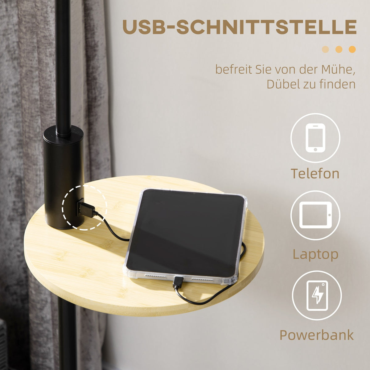Floor Lamp, Floor Lamp With Shelf, 40 W Floor Lamp With Usb Port, Floor Lamp, Steel, Cream, Ø40 X 168 Cm, Excluding Light Bulb