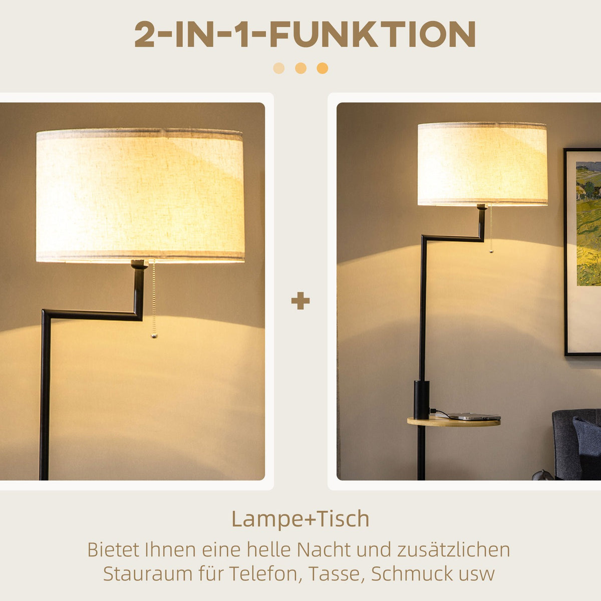 Floor Lamp, Floor Lamp With Shelf, 40 W Floor Lamp With Usb Port, Floor Lamp, Steel, Cream, Ø40 X 168 Cm, Excluding Light Bulb