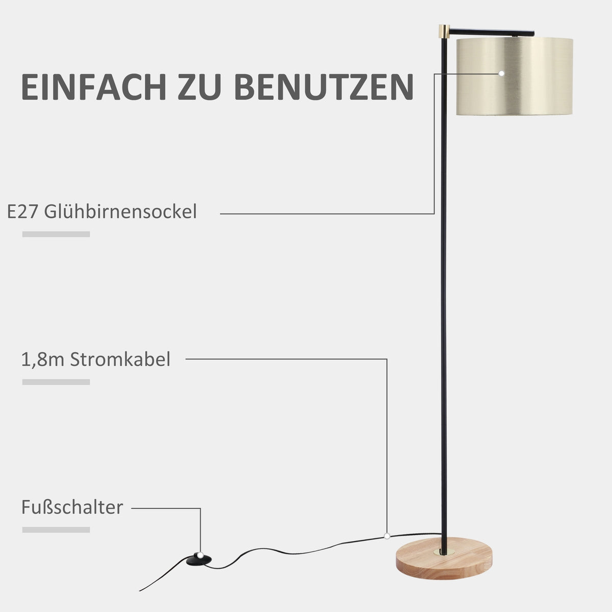 Floor Lamp For Living Room Modern Floor Lamp 40W, E27, Fabric Shade, Office/Bedroom, Gold+Black