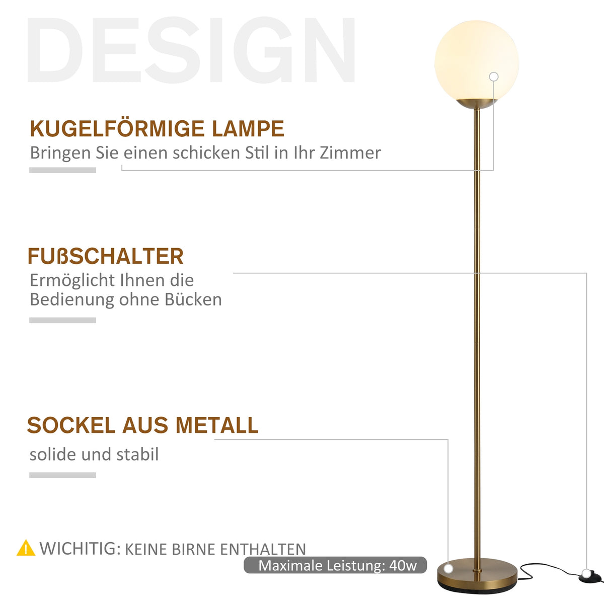 Floor Lamp In Gold Elegant Living Room Floor Lamp Made Of Metal With Glass, 25X25X171Cm
