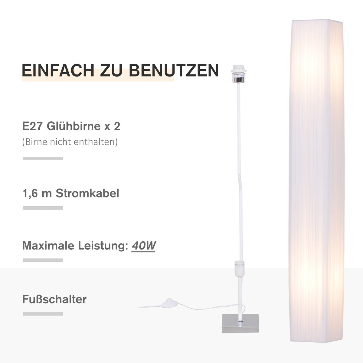Floor Lamp Modern Floor Lamp E27, Stainless Steel & Polyester, White, 14X14X120Cm
