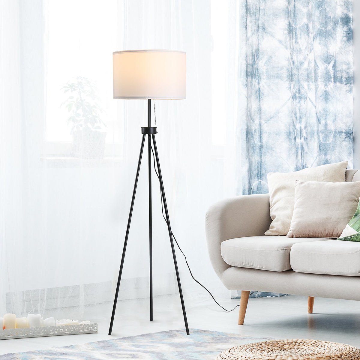 Floor Lamp Modern Floor Lamp E27, Steel & Polyester, Black & White, 37X37X152Cm