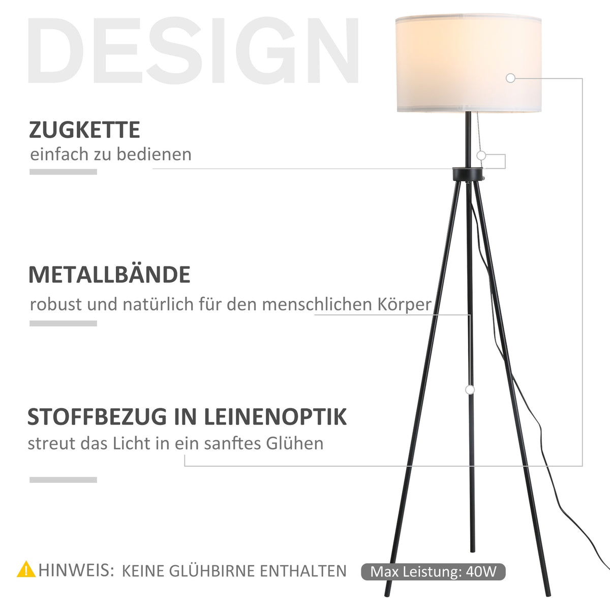 Floor Lamp Modern Floor Lamp E27, Steel & Polyester, Black & White, 37X37X152Cm
