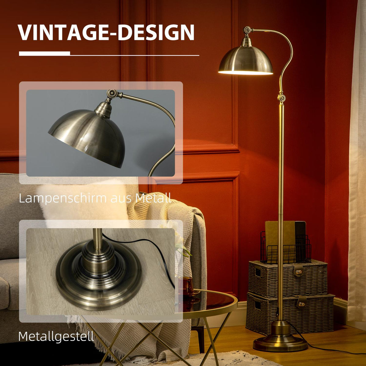 Floor Lamp Retro Arc Lamp With Adjustable Lampshade, E27, Brass Look, For Living Room