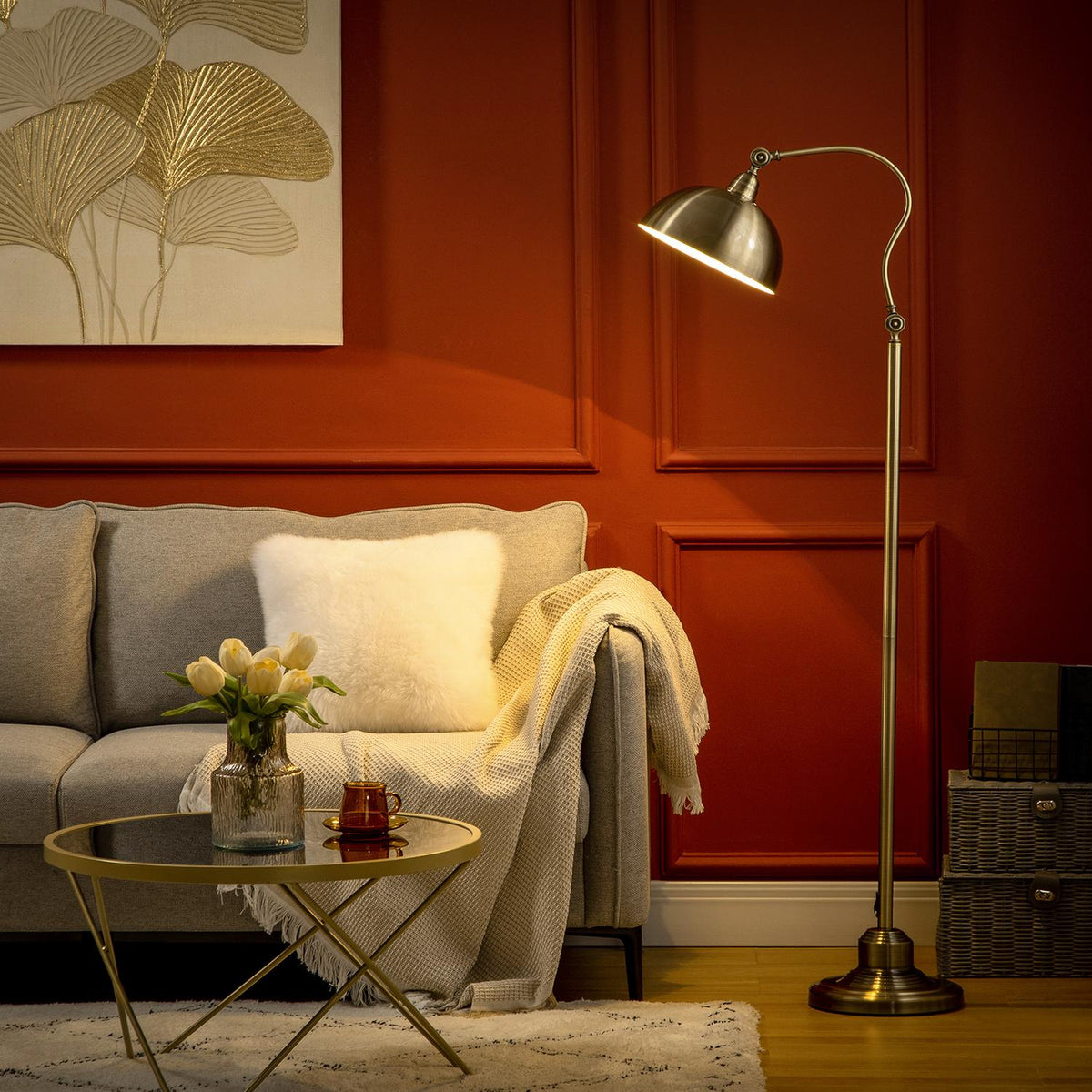 Floor Lamp Retro Arc Lamp With Adjustable Lampshade, E27, Brass Look, For Living Room