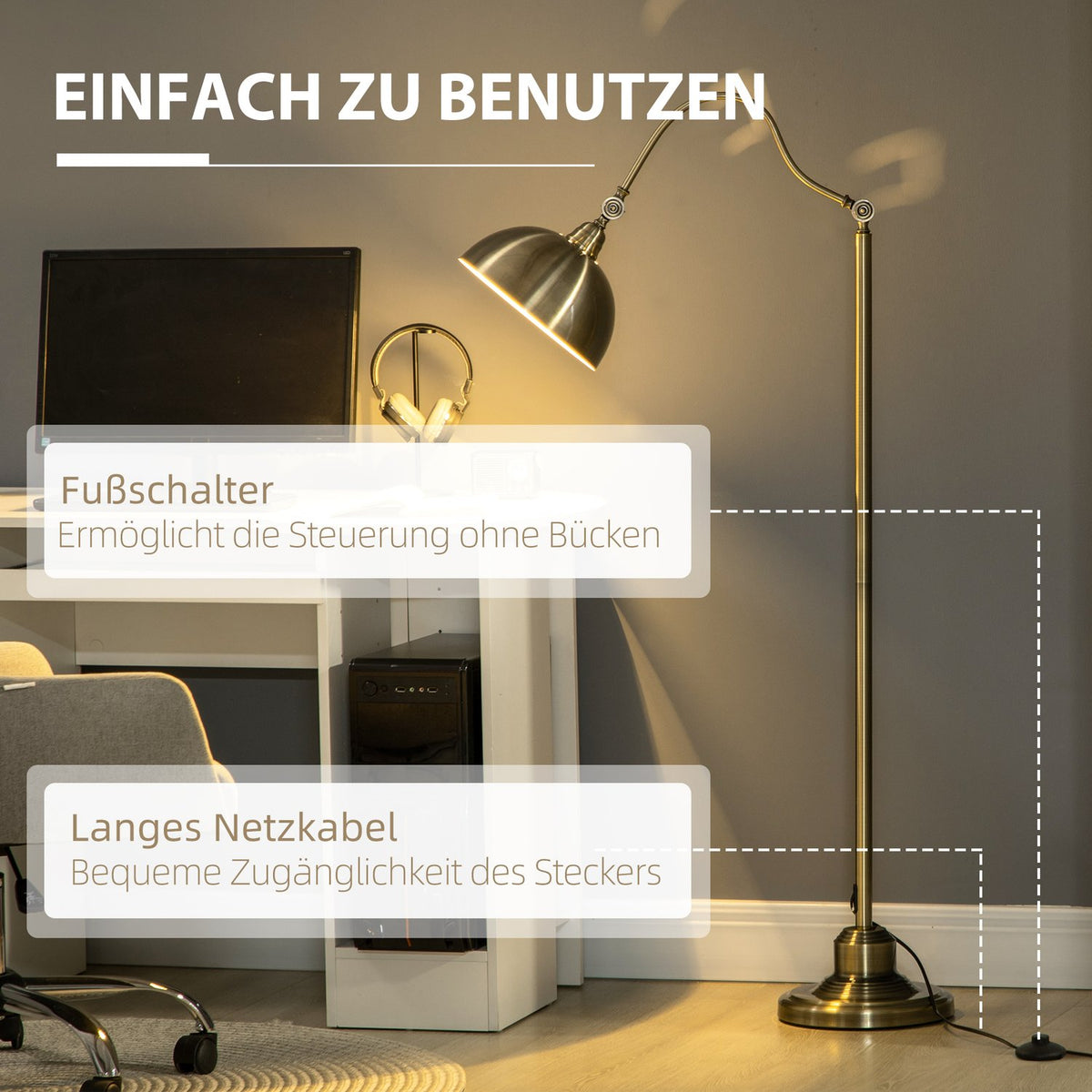 Floor Lamp Retro Arc Lamp With Adjustable Lampshade, E27, Brass Look, For Living Room