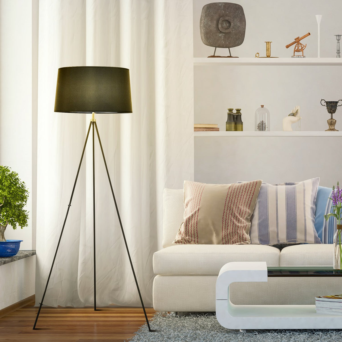 Floor Lamp Tripod Bedroom Floor Lamp, Scandinavian, Fabric & Metal, Black, ∅73X156Cm