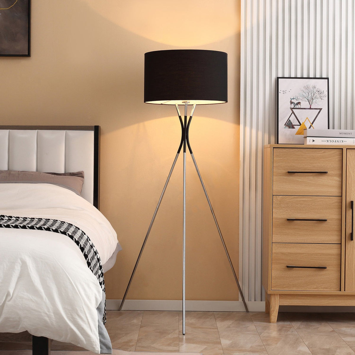 Floor Lamp Tripod Elegant Living Room Floor Lamp 40W, E27, Fabric Shade & Metal Base, Black+Silver, 40W