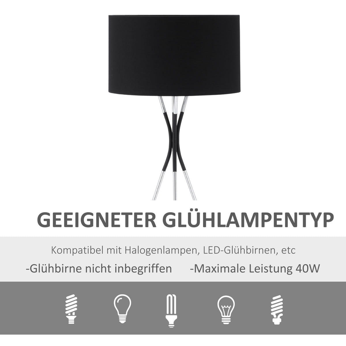 Floor Lamp Tripod Elegant Living Room Floor Lamp 40W, E27, Fabric Shade & Metal Base, Black+Silver, 40W