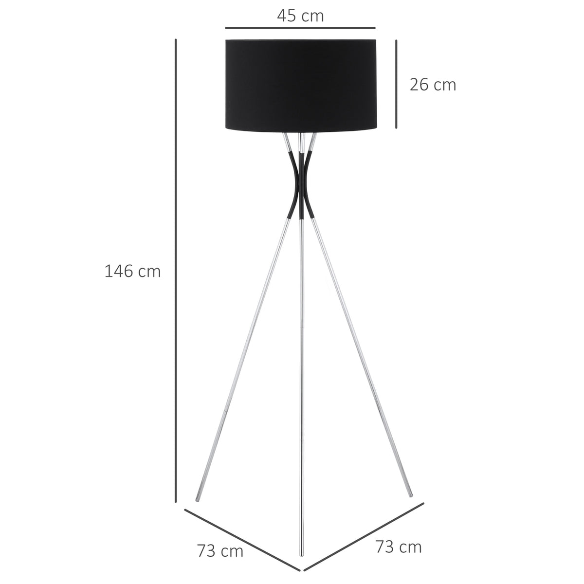 Floor Lamp Tripod Elegant Living Room Floor Lamp 40W, E27, Fabric Shade & Metal Base, Black+Silver, 40W