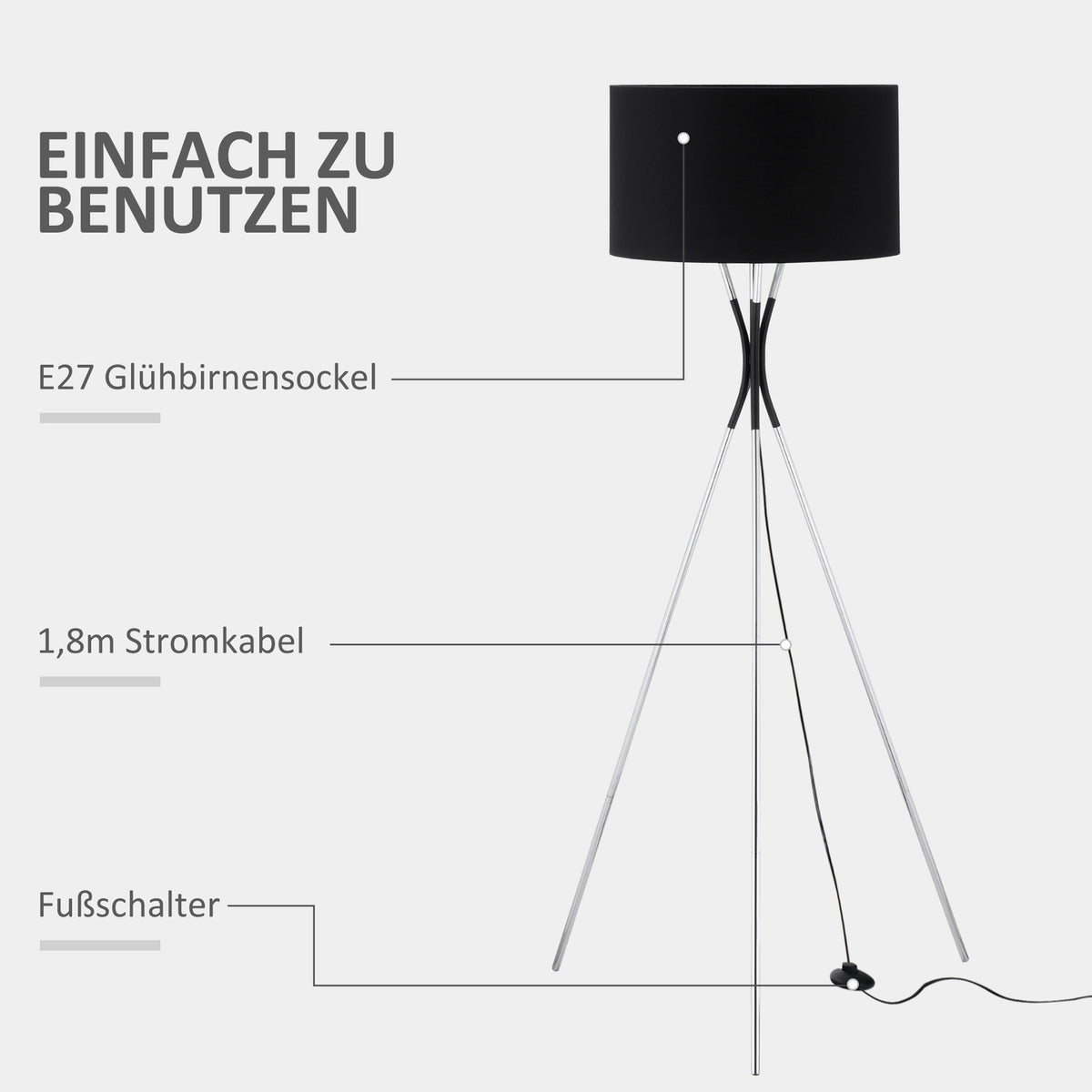 Floor Lamp Tripod Elegant Living Room Floor Lamp 40W, E27, Fabric Shade & Metal Base, Black+Silver, 40W