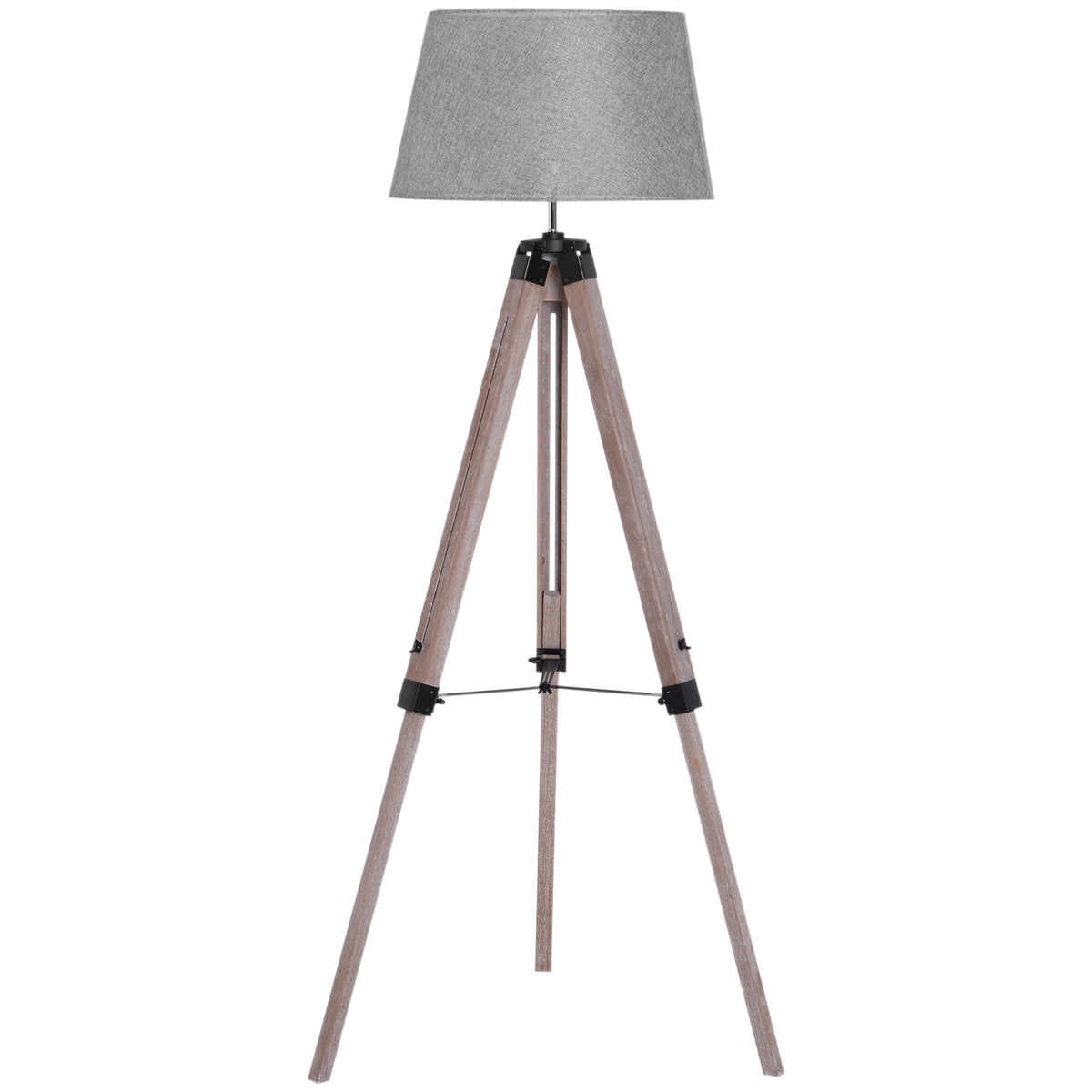Floor Lamp Tripod Height-Adjustable Floor Lamp In Scandinavian Design, Wood & Linen, Natural & Gray, 65X65X(99-143)Cm
