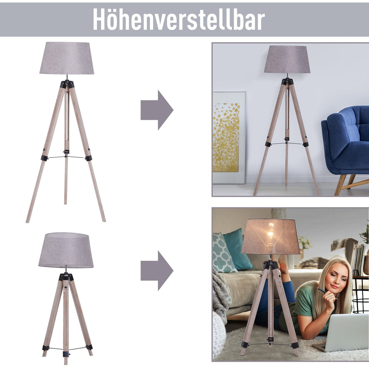 Floor Lamp Tripod Height-Adjustable Floor Lamp In Scandinavian Design, Wood & Linen, Natural & Gray, 65X65X(99-143)Cm