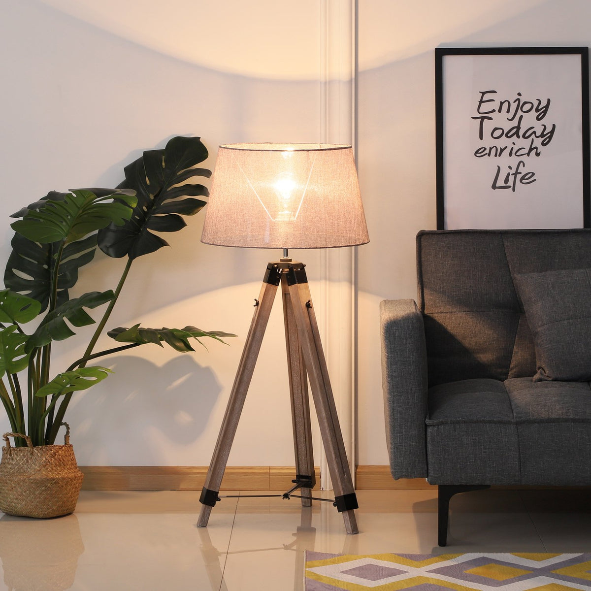 Floor Lamp Tripod Height-Adjustable Floor Lamp In Scandinavian Design, Wood & Linen, Natural & Gray, 65X65X(99-143)Cm