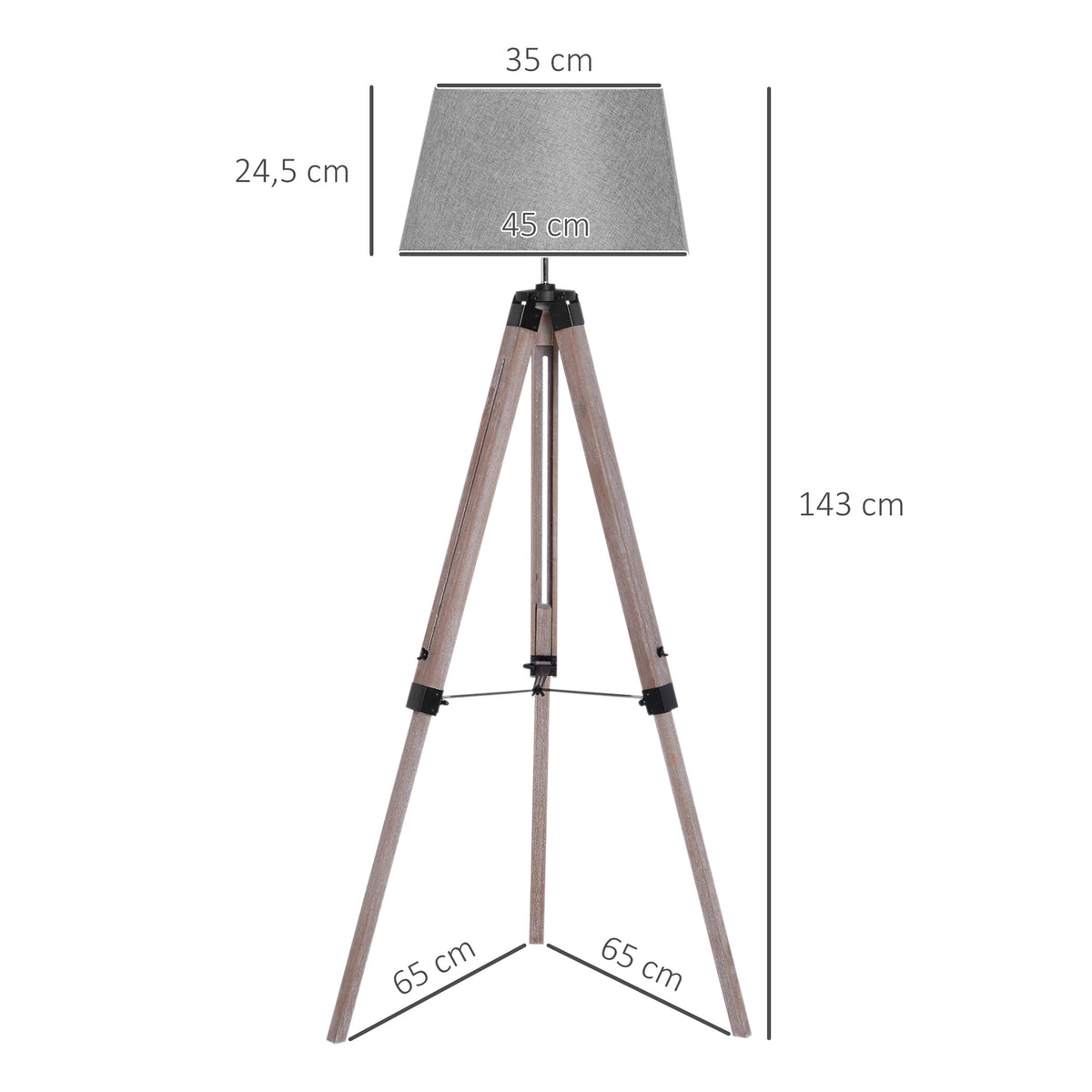 Floor Lamp Tripod Height-Adjustable Floor Lamp In Scandinavian Design, Wood & Linen, Natural & Gray, 65X65X(99-143)Cm
