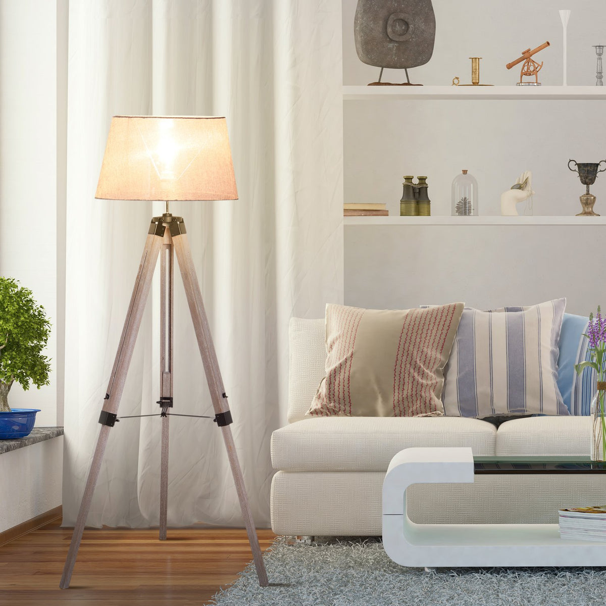 Floor Lamp Tripod Height-Adjustable Floor Lamp In Scandinavian Design, Wood & Linen, Natural & Gray, 65X65X(99-143)Cm