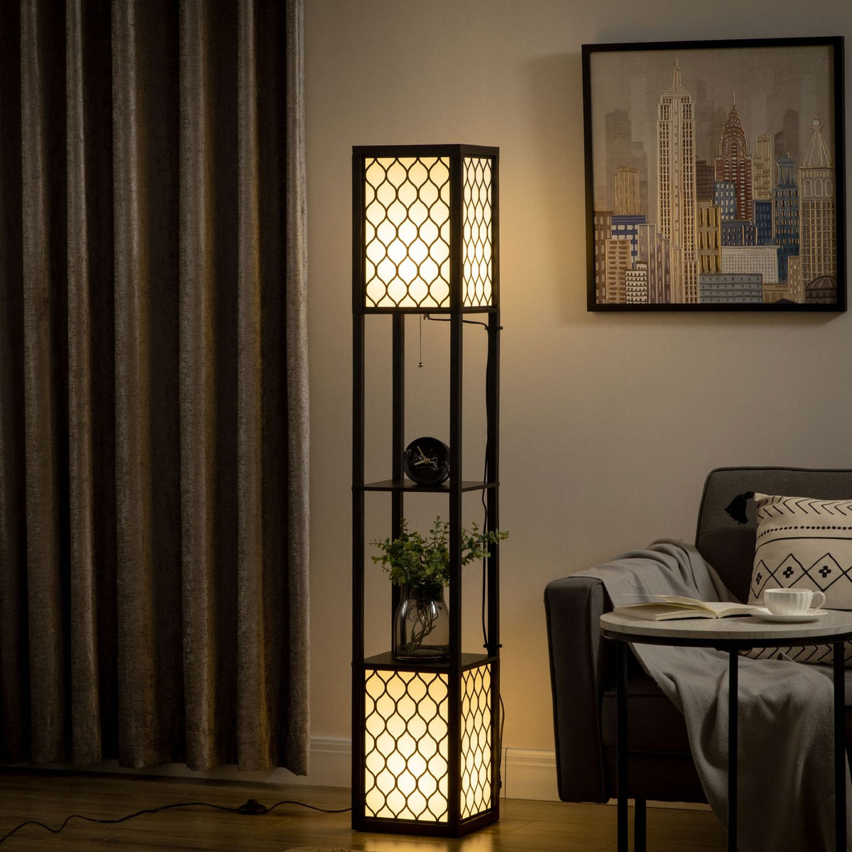 Floor Lamp With Shelf And Double Light, 40W, E27, Pull Chain Switch, For Living Room, Bedroom