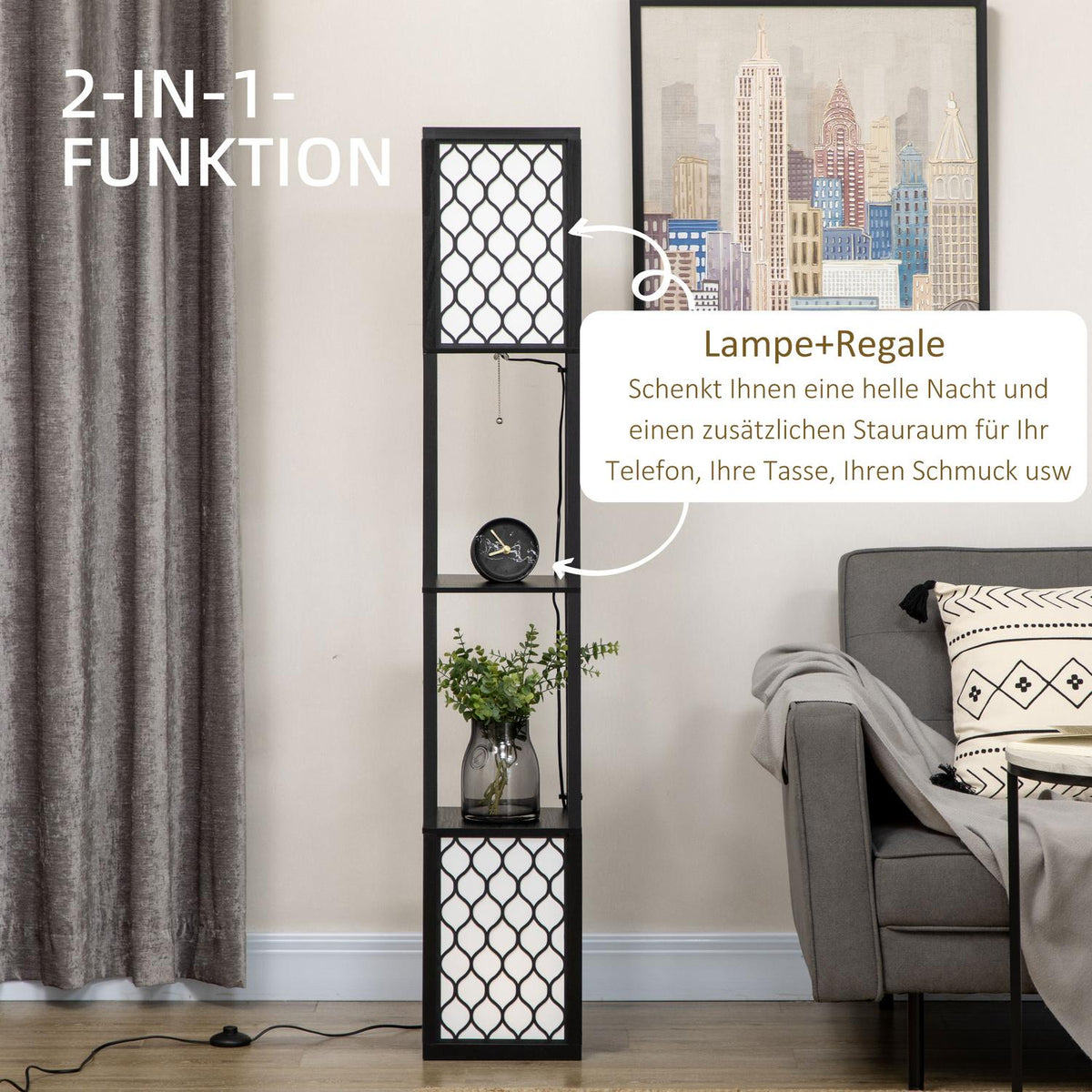 Floor Lamp With Shelf And Double Light, 40W, E27, Pull Chain Switch, For Living Room, Bedroom