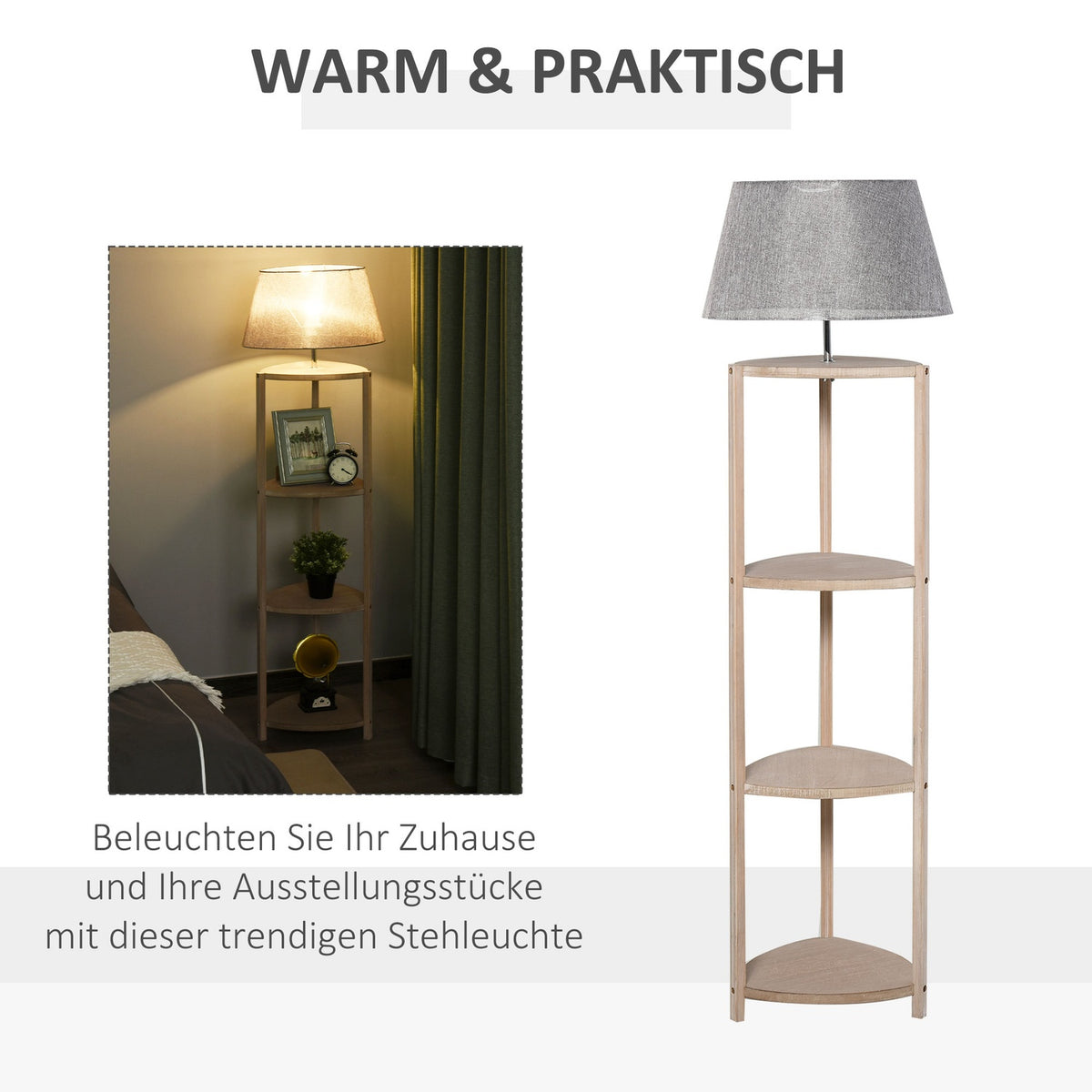 Floor Lamp With Shelf Bedroom Floor Lamp, Scandinavian, Wood & Linen, Gray, 46X46X158.5Cm