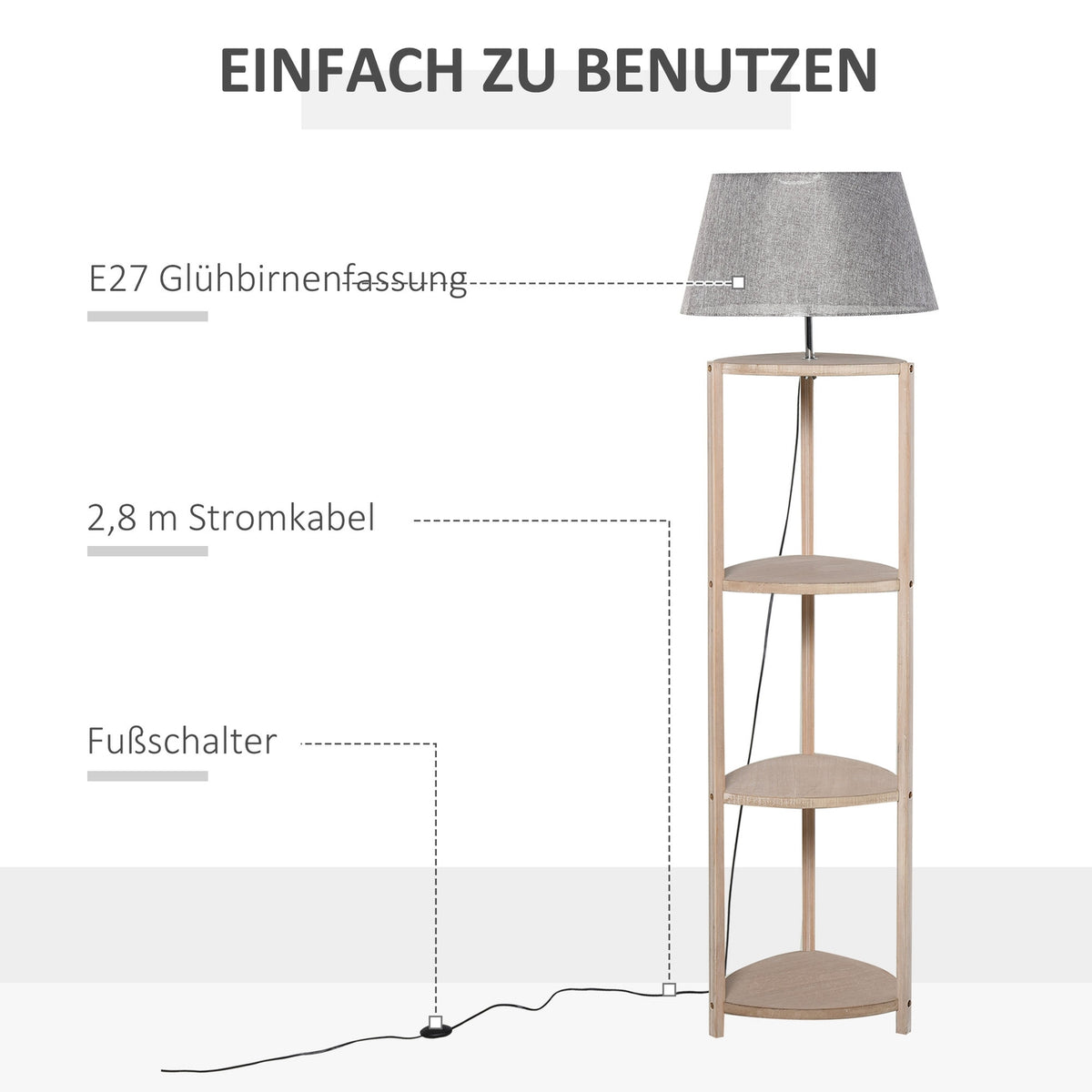 Floor Lamp With Shelf Bedroom Floor Lamp, Scandinavian, Wood & Linen, Gray, 46X46X158.5Cm