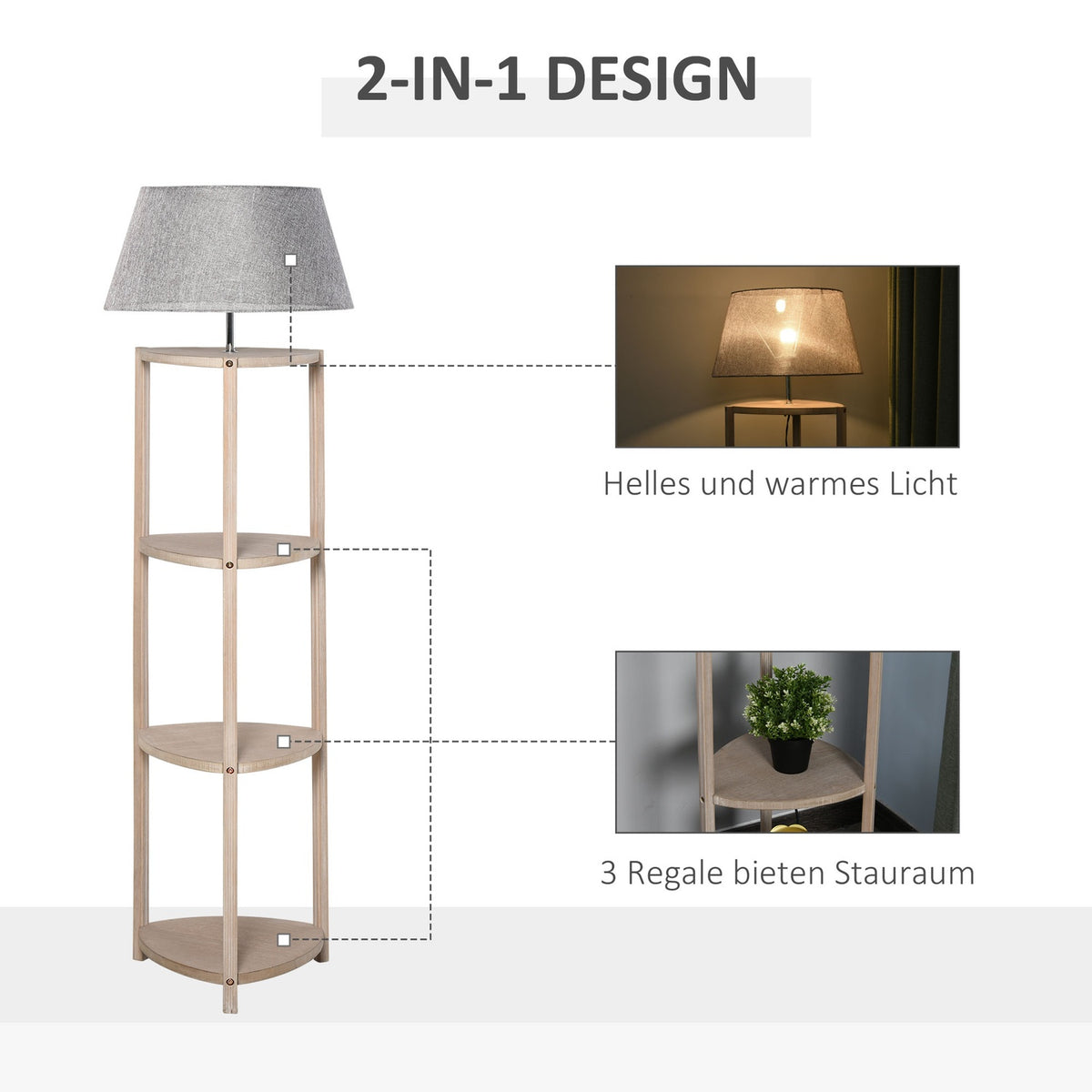 Floor Lamp With Shelf Bedroom Floor Lamp, Scandinavian, Wood & Linen, Gray, 46X46X158.5Cm