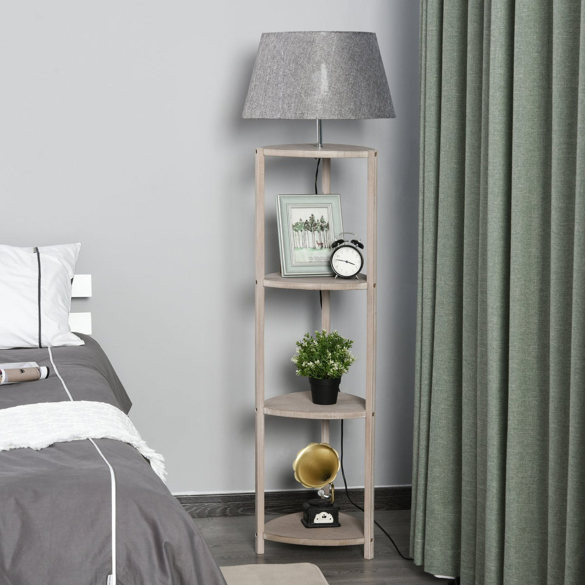Floor Lamp With Shelf Bedroom Floor Lamp, Scandinavian, Wood & Linen, Gray, 46X46X158.5Cm