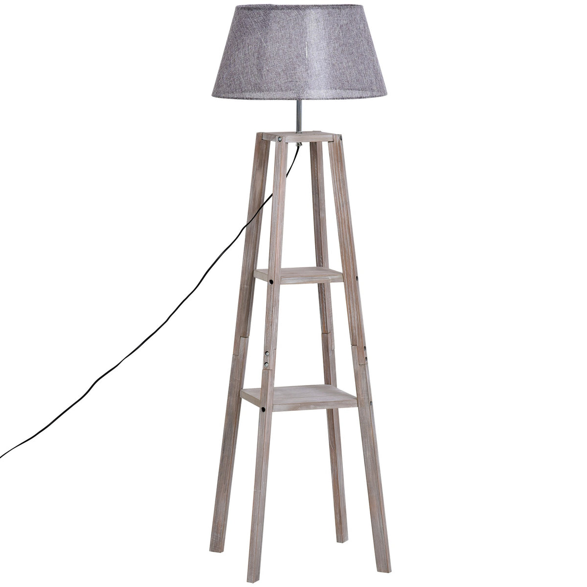 Floor Lamp With Shelf Scandinavian Floor Lamp Made Of Pine Wood & Linen, Natural & Gray, 45X45X148Cm