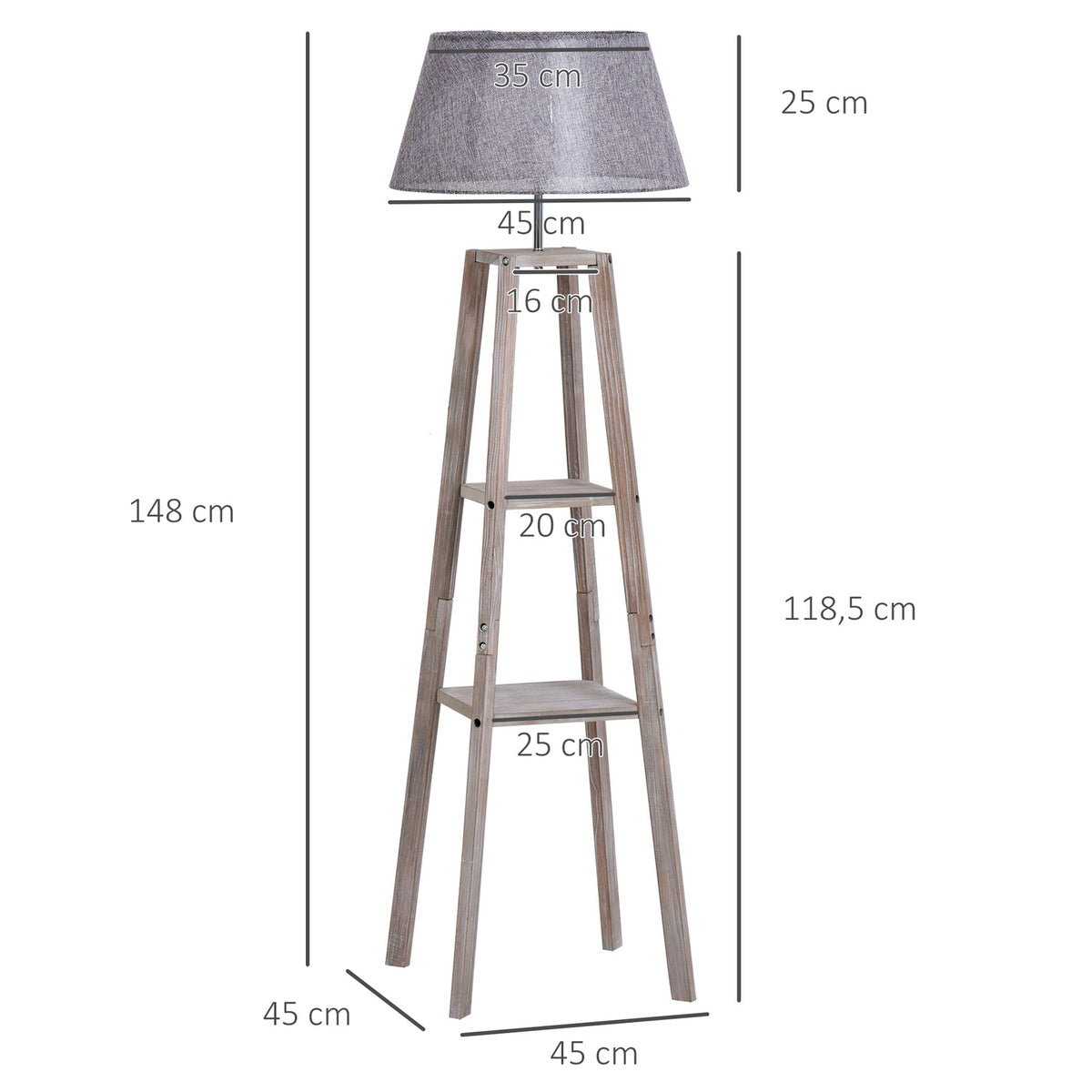 Floor Lamp With Shelf Scandinavian Floor Lamp Made Of Pine Wood & Linen, Natural & Gray, 45X45X148Cm