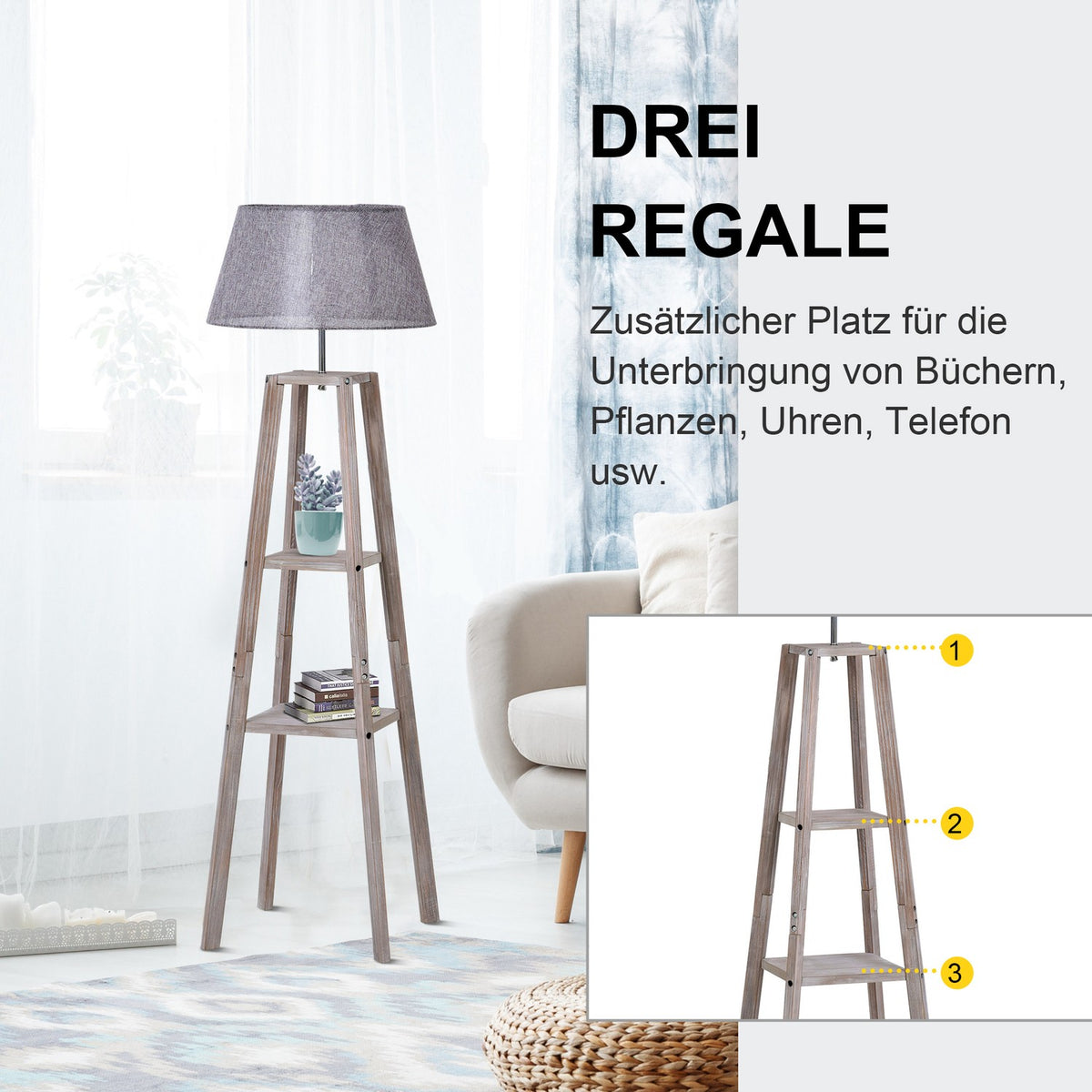 Floor Lamp With Shelf Scandinavian Floor Lamp Made Of Pine Wood & Linen, Natural & Gray, 45X45X148Cm