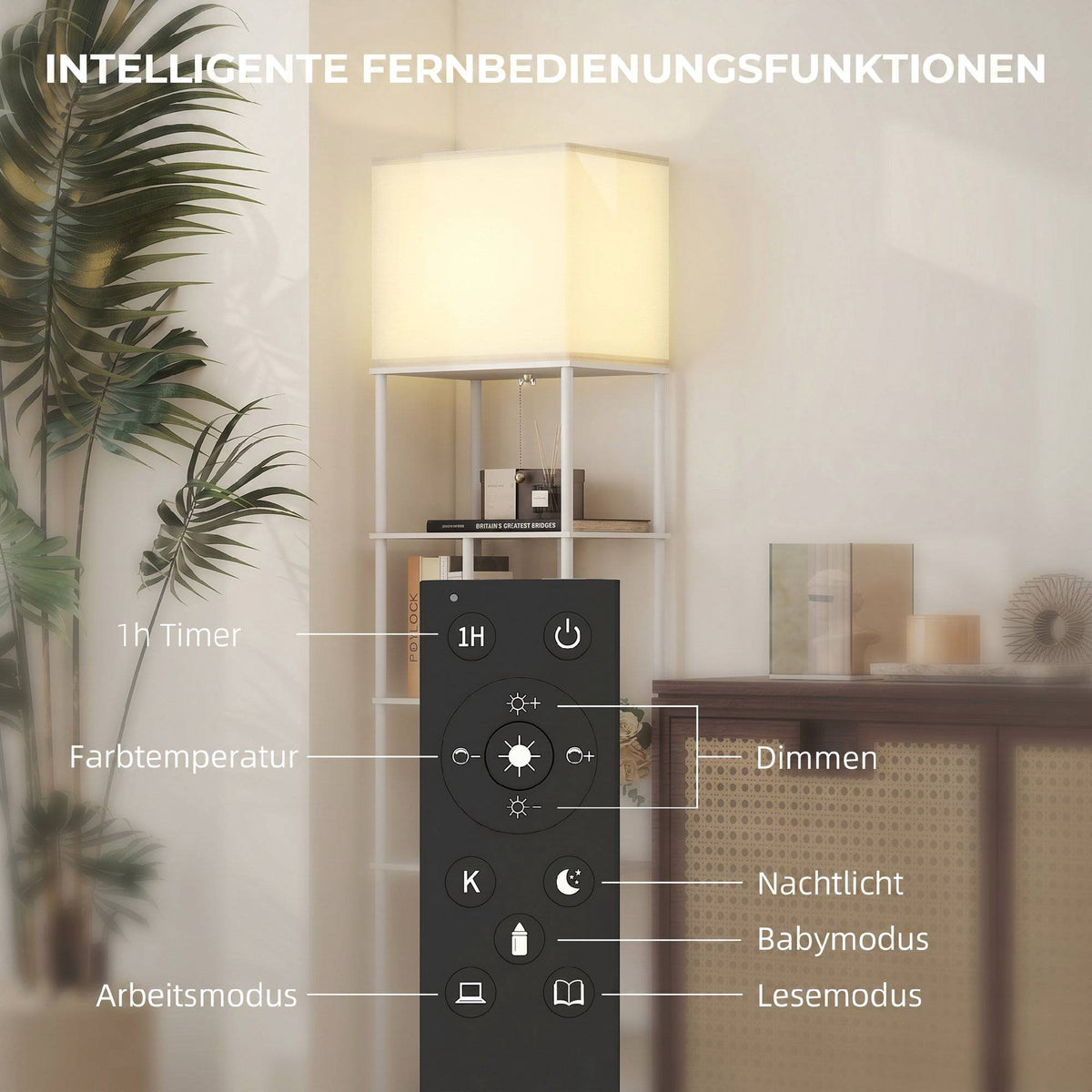 Floor Lamp With Shelves, Dimmable Remote, White
