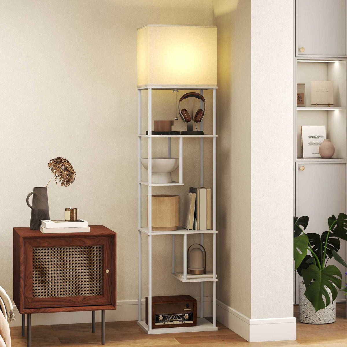 Floor Lamp With Shelves, Dimmable Remote, White