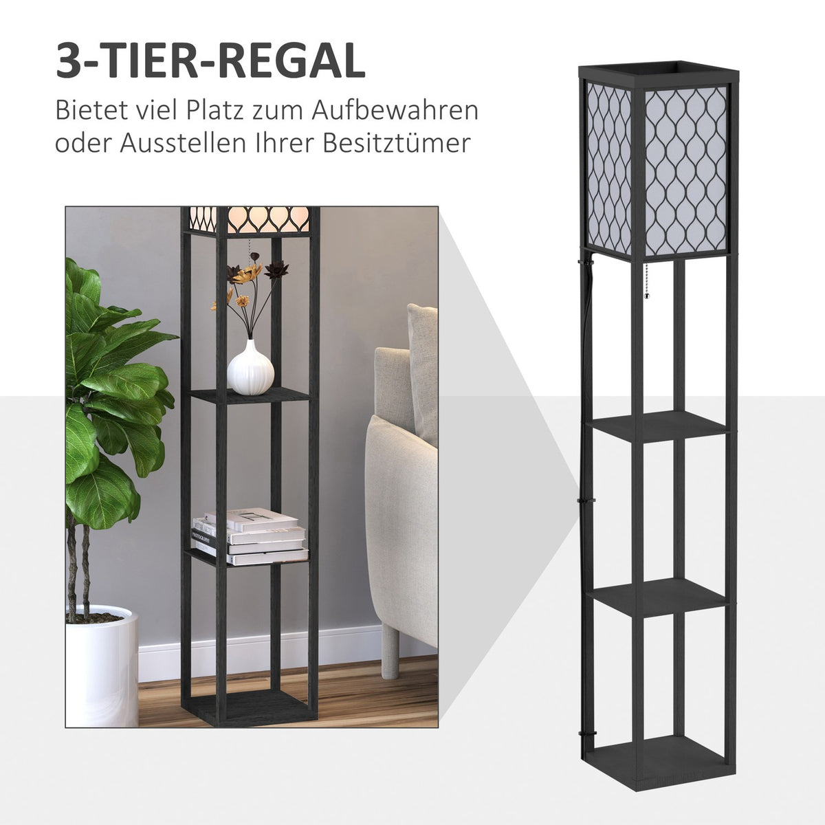 Floor Lamp With Shelves Floor Lamp, Interior Lighting, E27, Up To 40W, For Living Room/Bedroom, Wood, Black, 26X26X160 Cm