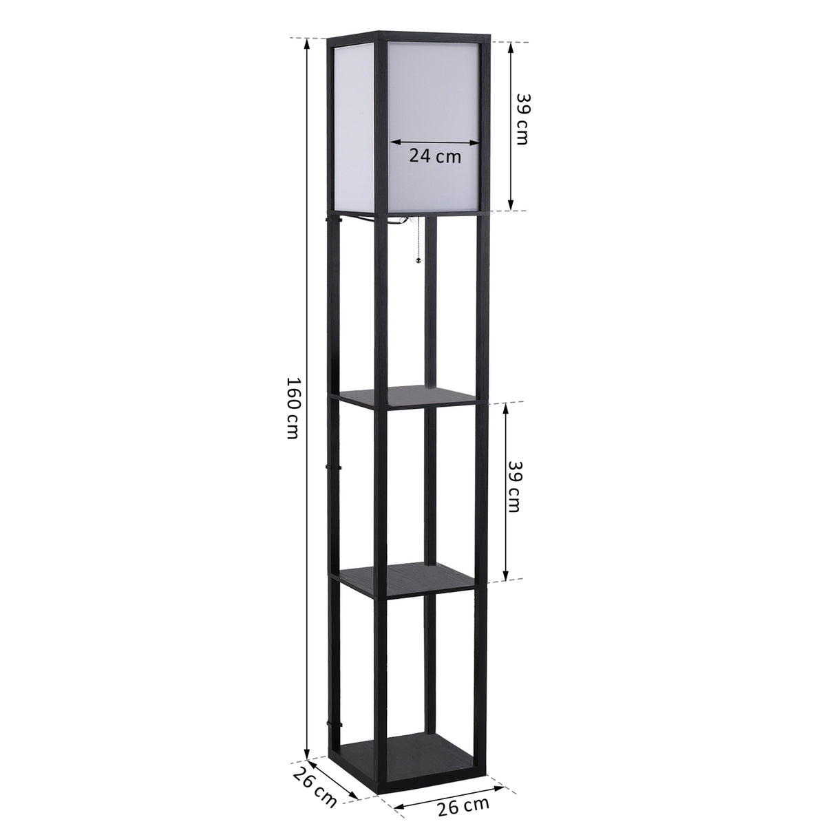 Floor Lamp With Shelves Without Bulb Interior Lighting, Floor Lamp, E27, Up To 40W, For Living Room/Bedroom, Wood, Black, 26X26X160 Cm