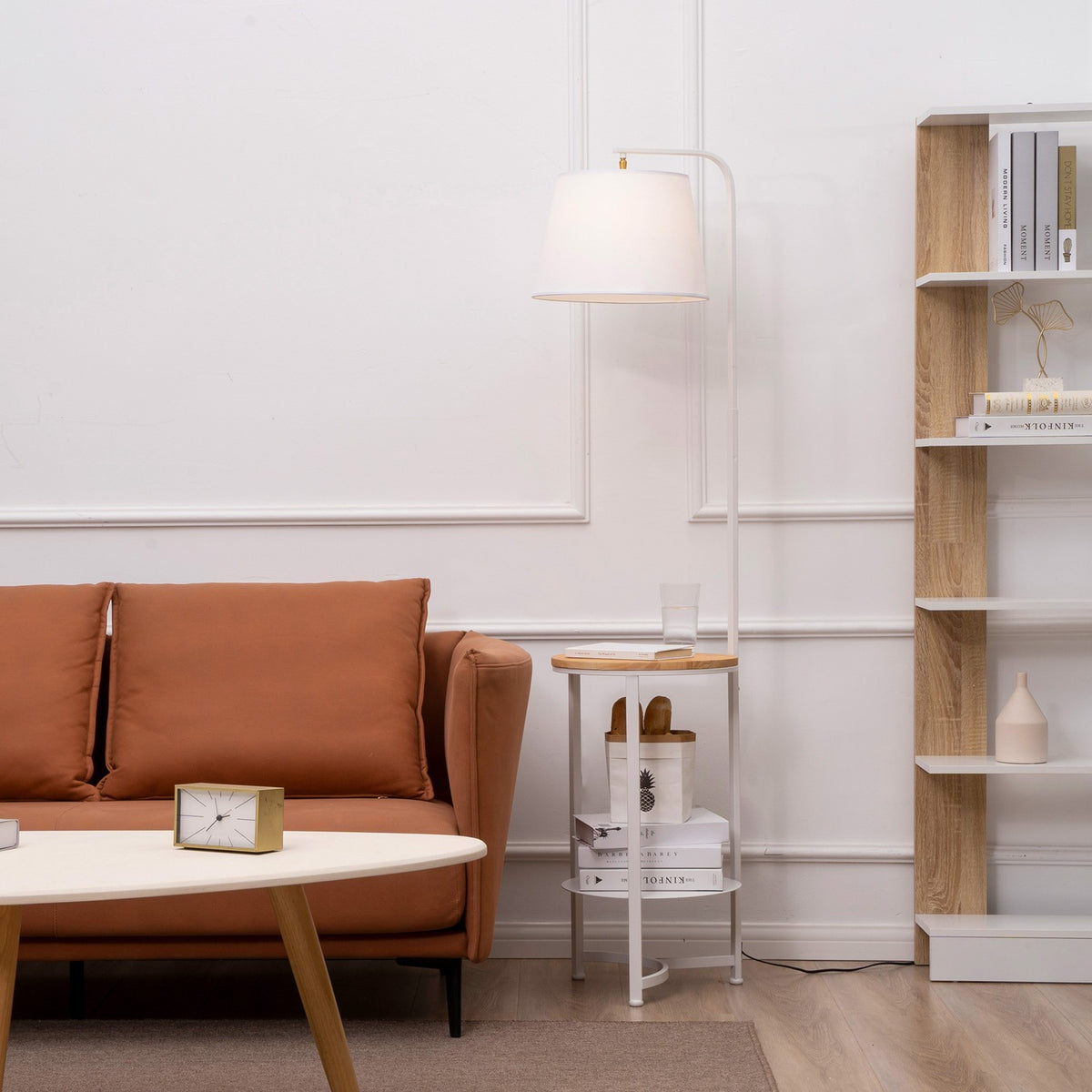 Floor Lamp With Side Table Floor Lamp With 2 Shelves E27 For Living Room Bedroom Office Metal Mdf White