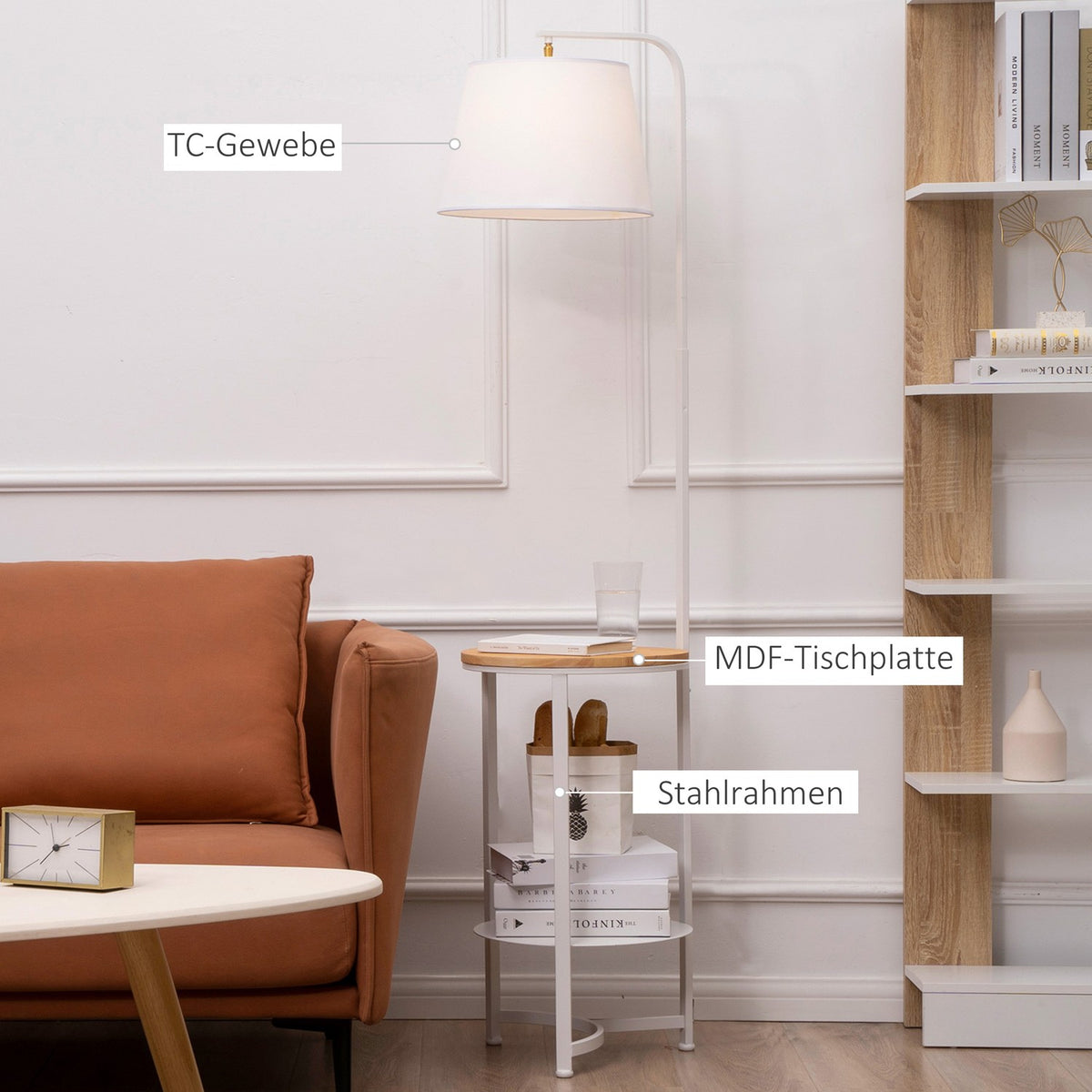 Floor Lamp With Side Table Floor Lamp With 2 Shelves E27 For Living Room Bedroom Office Metal Mdf White