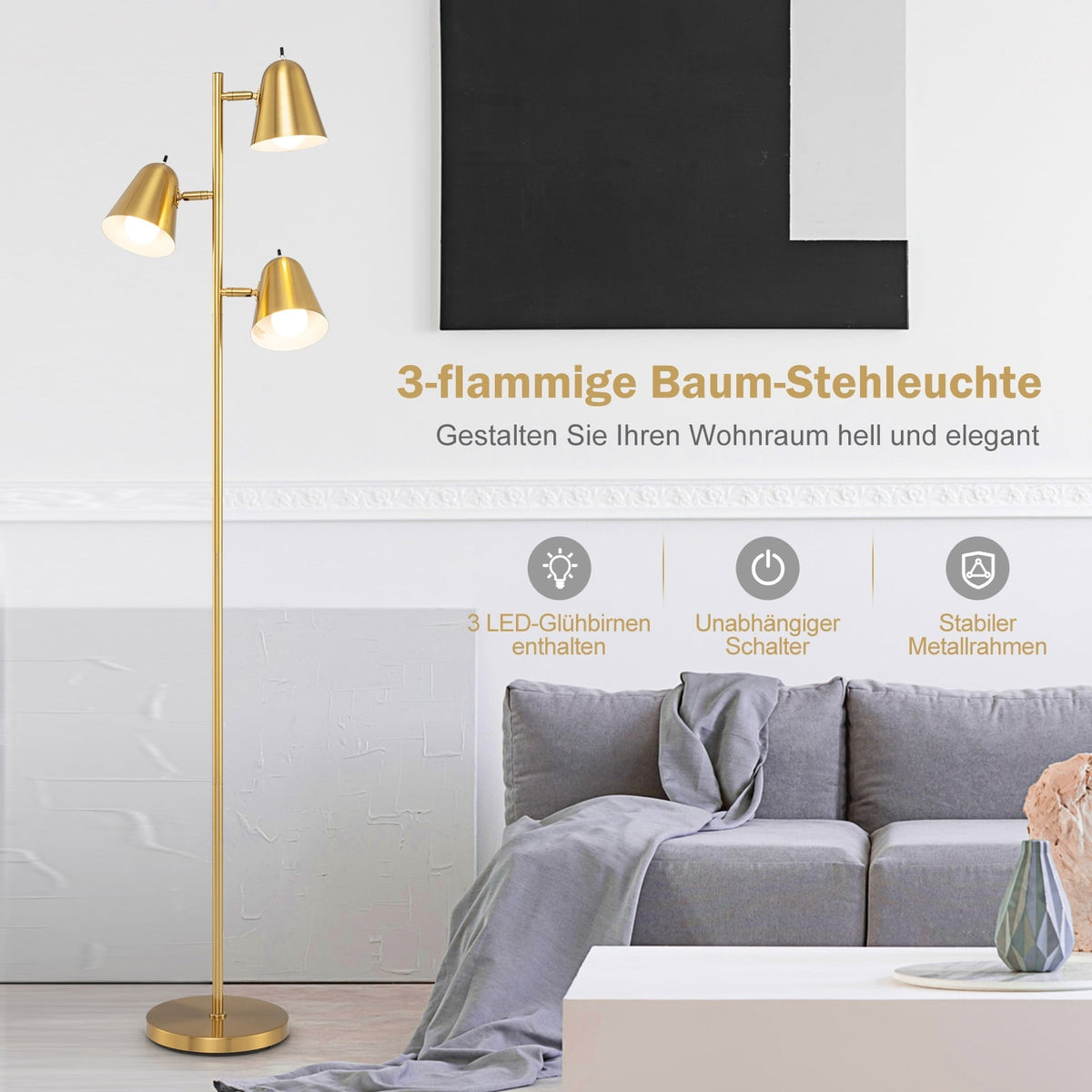 Floor Lamp with 3 Adjustable E27 LED Bulbs, Gold, 163cm
