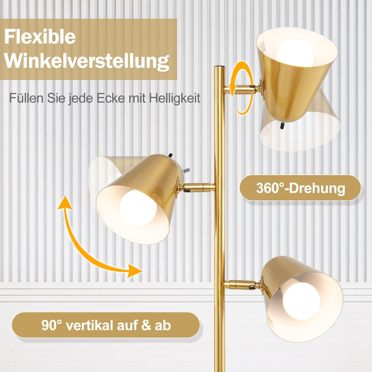 Floor Lamp with 3 Adjustable E27 LED Bulbs, Gold, 163cm