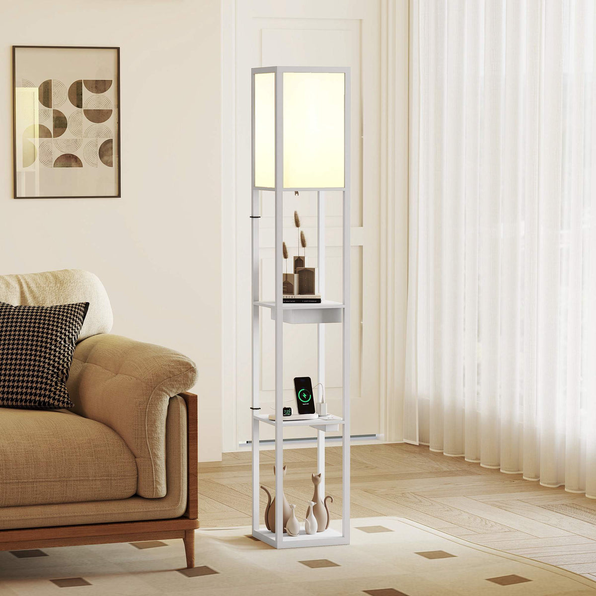 Floor Lamp with 3-Tier Shelf, USB Ports, White MDF