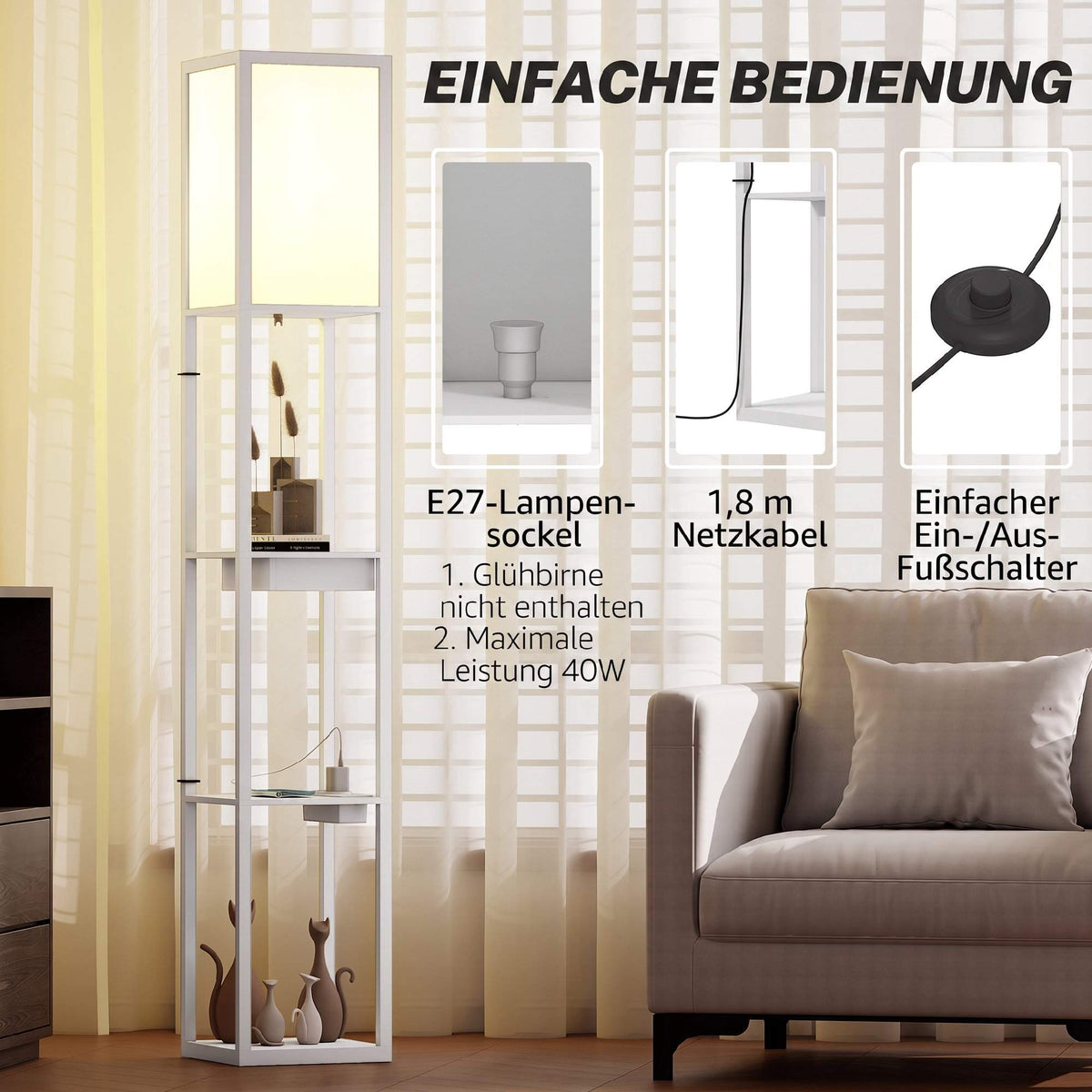 Floor Lamp with 3-Tier Shelf, USB Ports, White MDF