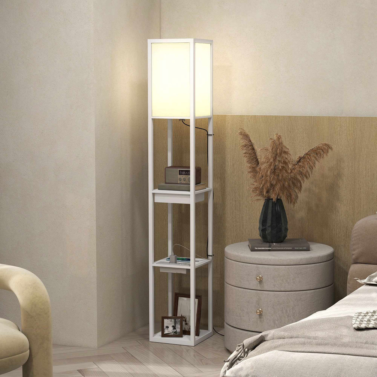 Floor Lamp with 3-Tier Shelf, USB Ports, White MDF