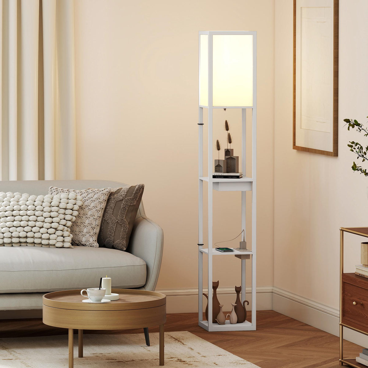 Floor Lamp with 3-Tier Shelf, USB Ports, White MDF