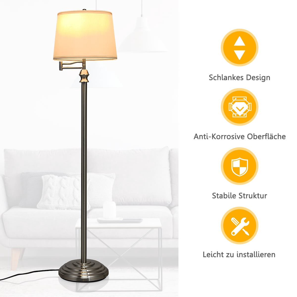 Floor Lamp with Adjustable Arm, Beige Shade, 35.5 x 152 cm