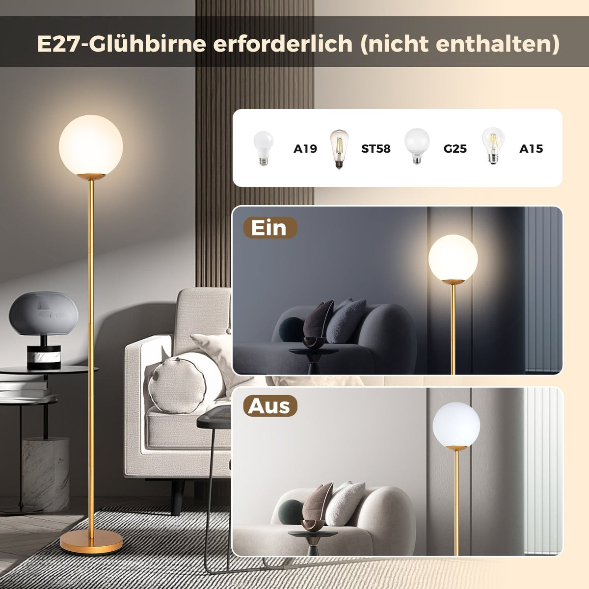Floor Lamp with Glass Shade & Foot Switch, 165 cm Tall