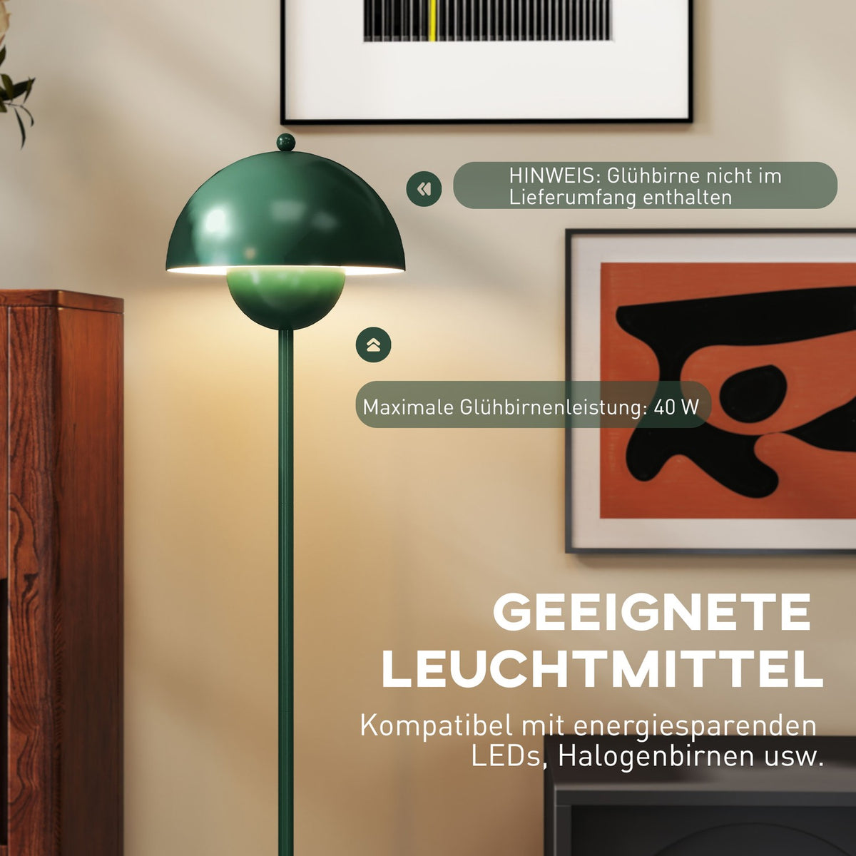 Floor Lamp with Round Shade, Foot Switch, Long Cable, Green