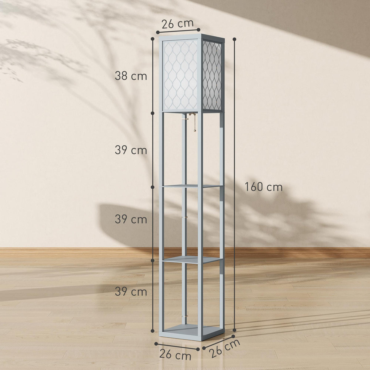 Floor Lamp with Shelf, 3 Tiers, Compact MDF, Light Grey