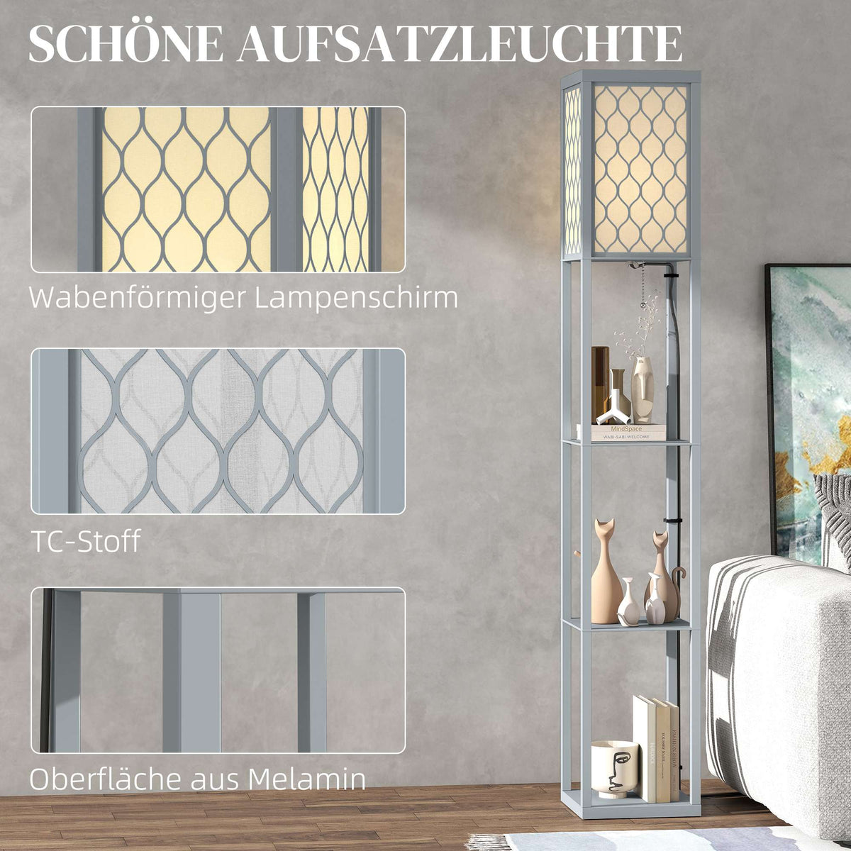 Floor Lamp with Shelf, 3 Tiers, Compact MDF, Light Grey