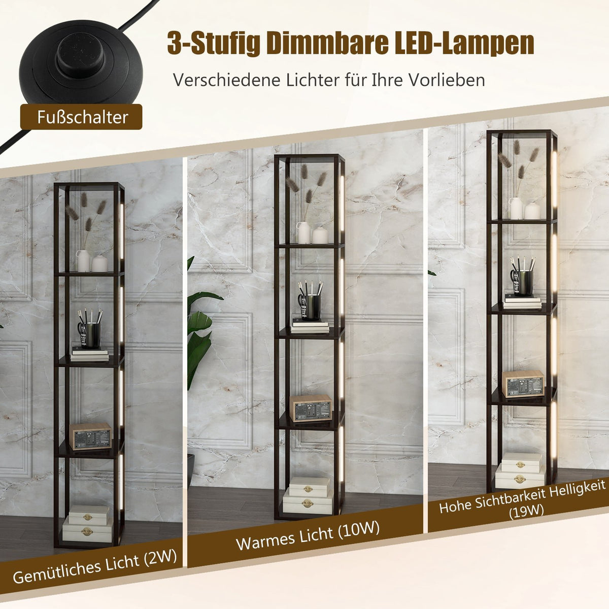 Floor Lamp with Shelves, 3-Stage Dimmable LED, Brown